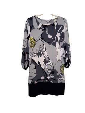 New York & Company Floral Print Stretch Tunic  M Gray Yellow Black Keyhole Neckl